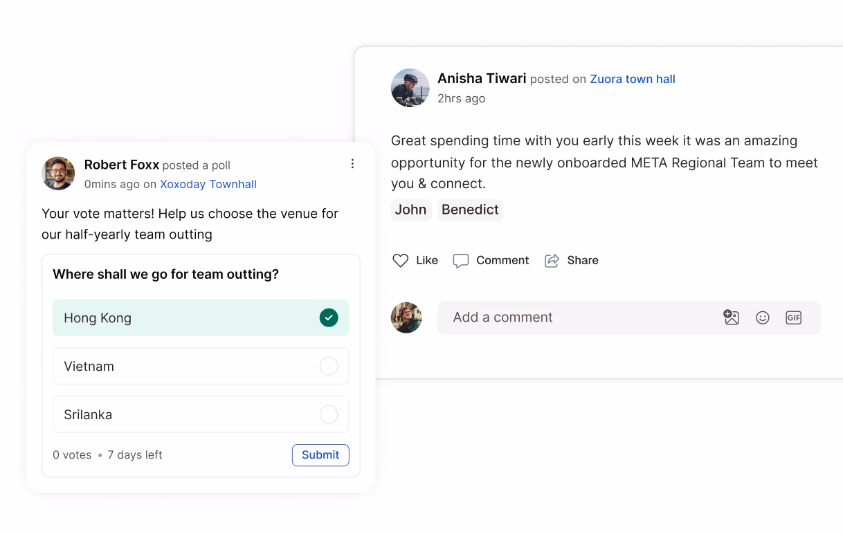 A group feed with a poll and a townhall post with comments
