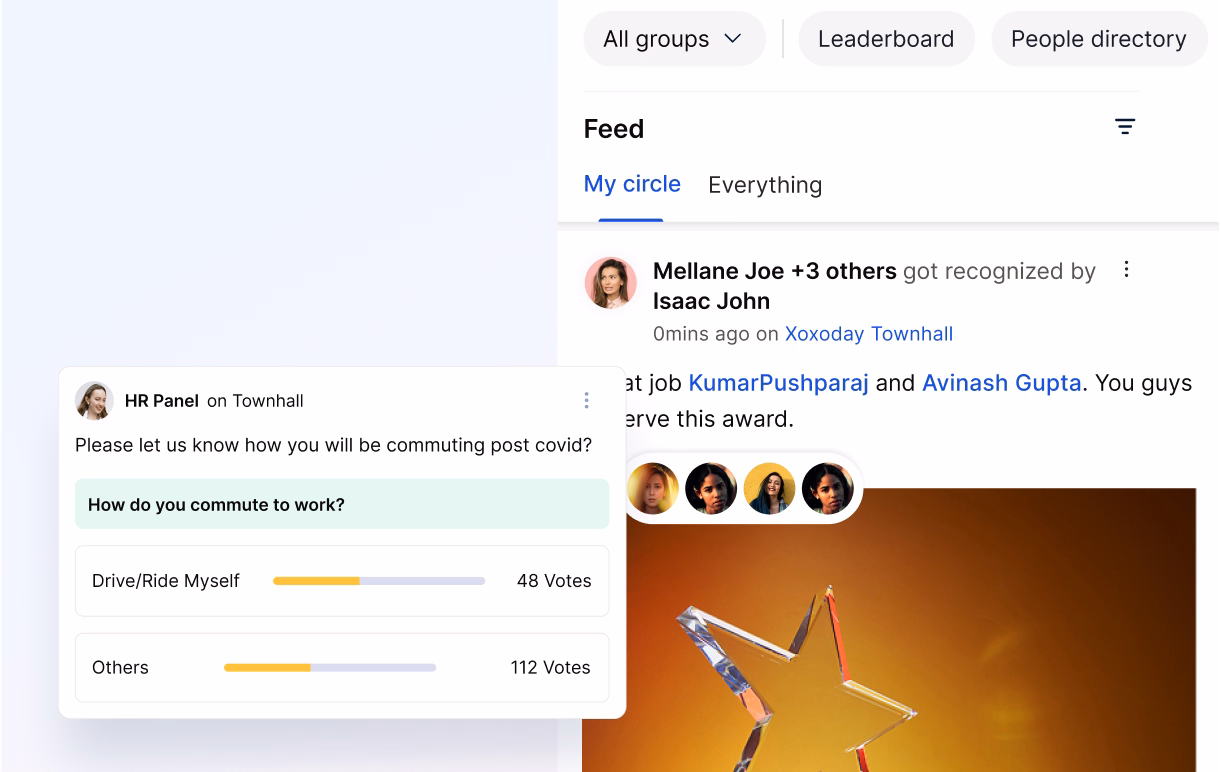 A group feed mixing recognition, a poll, and a celebration across groups