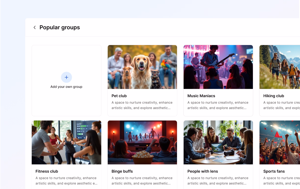 Popular interest groups, Pet Club, Music, Hiking, Fitness, and more