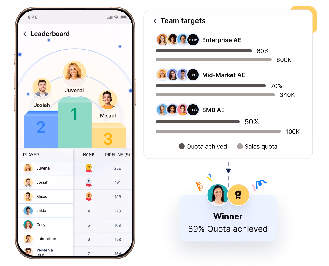 A leaderboard with player ranks alongside team-target progress bars