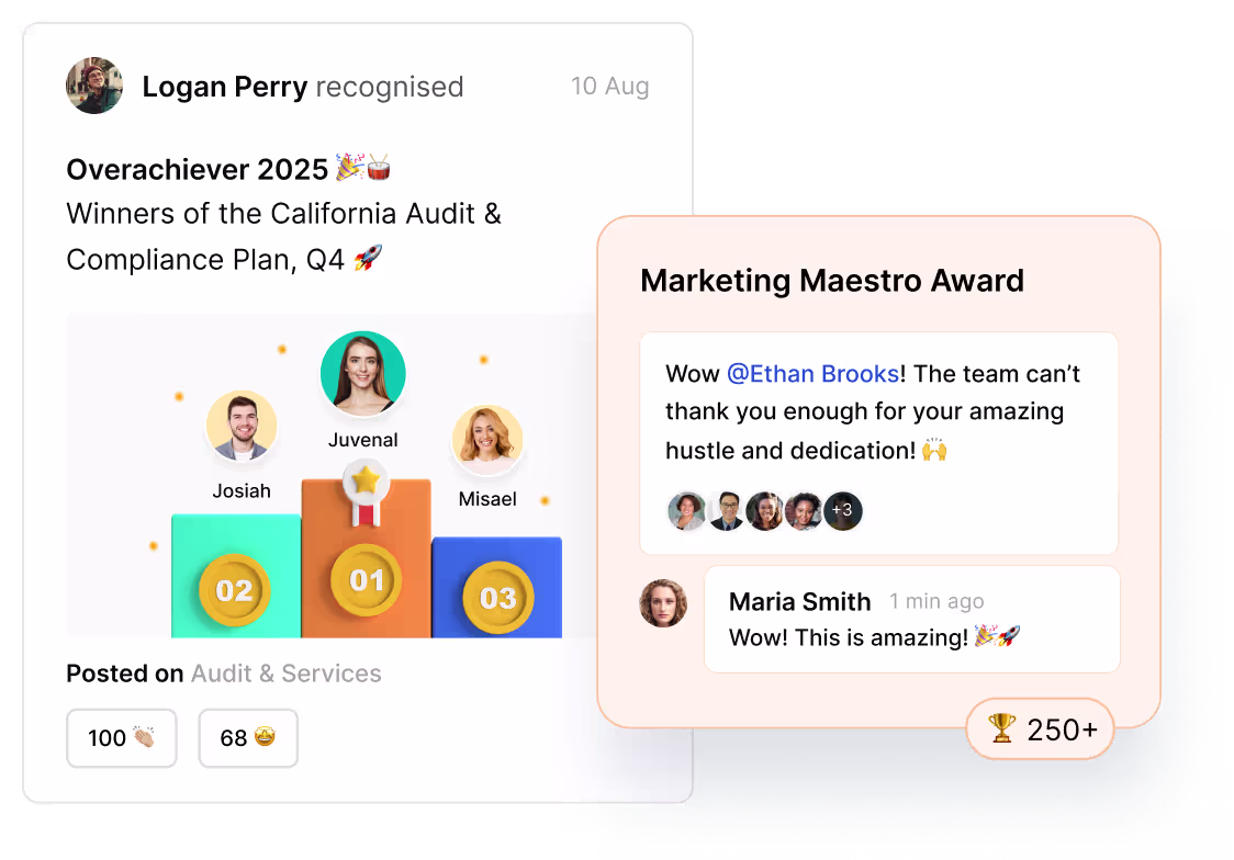 Empuls social feed post recognising Logan Perry as Overachiever 2025 with peer reactions and a Marketing Maestro Award card