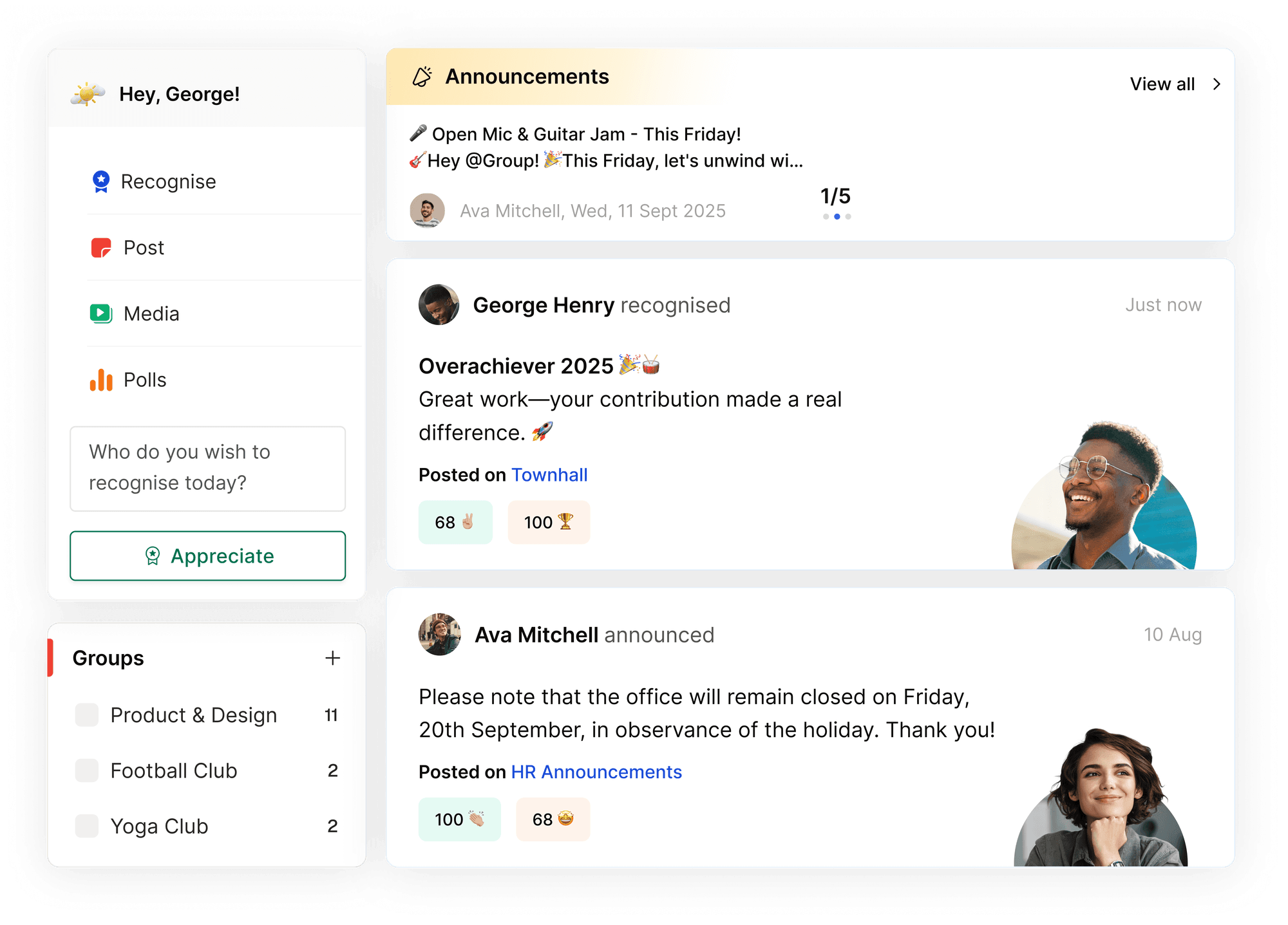 Empuls social intranet feed, groups, and recognition post showcase