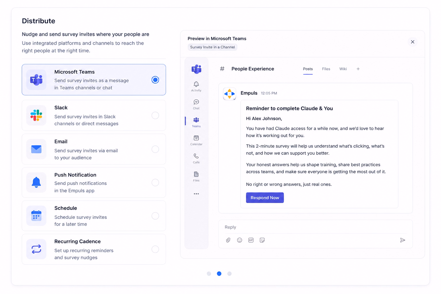 Empuls survey distribution, Microsoft Teams, Slack, email, push, schedule, and recurring cadence options with a Teams invite preview