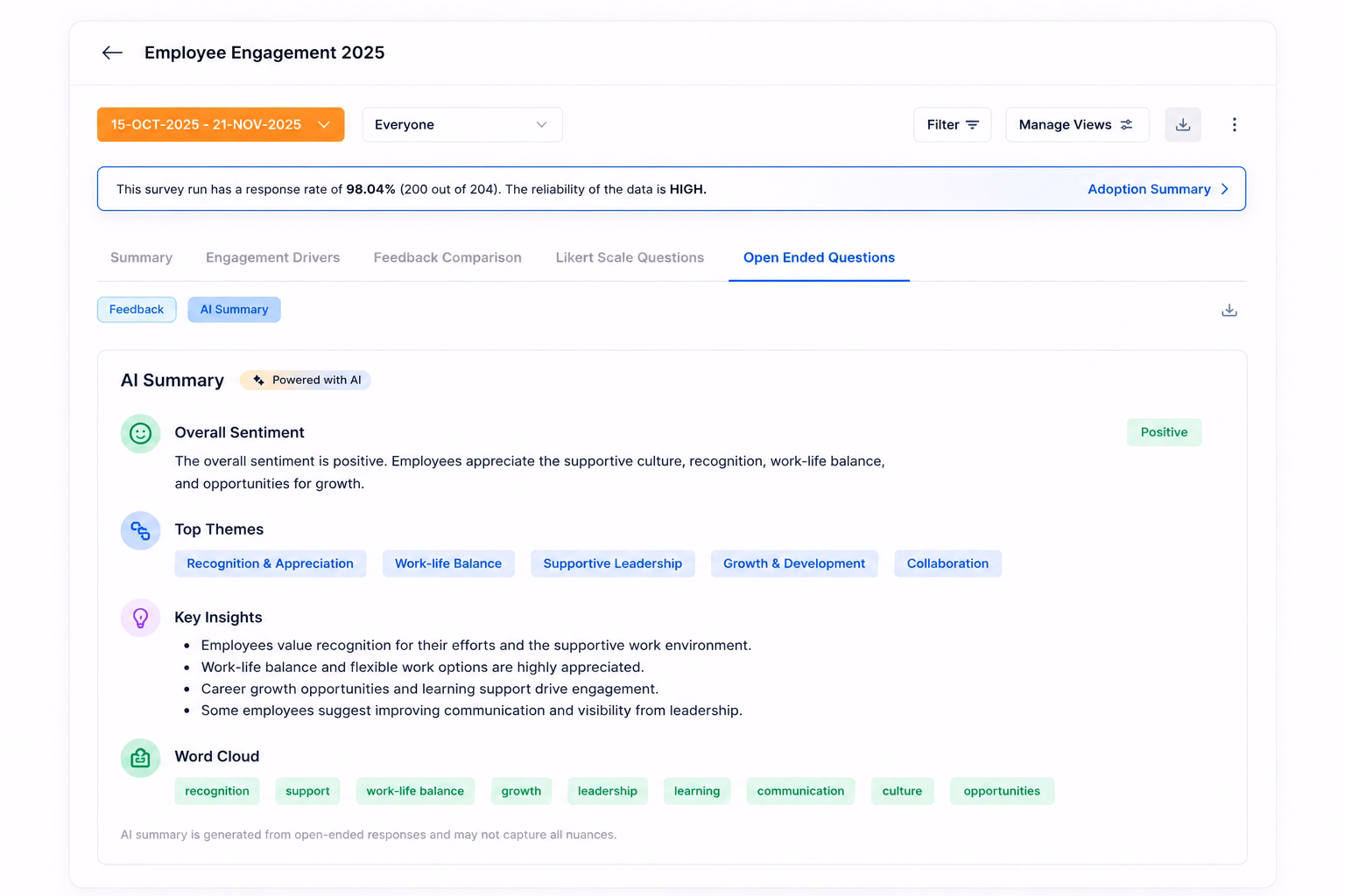 Empuls analytics dashboard with engagement driver scores and heatmap