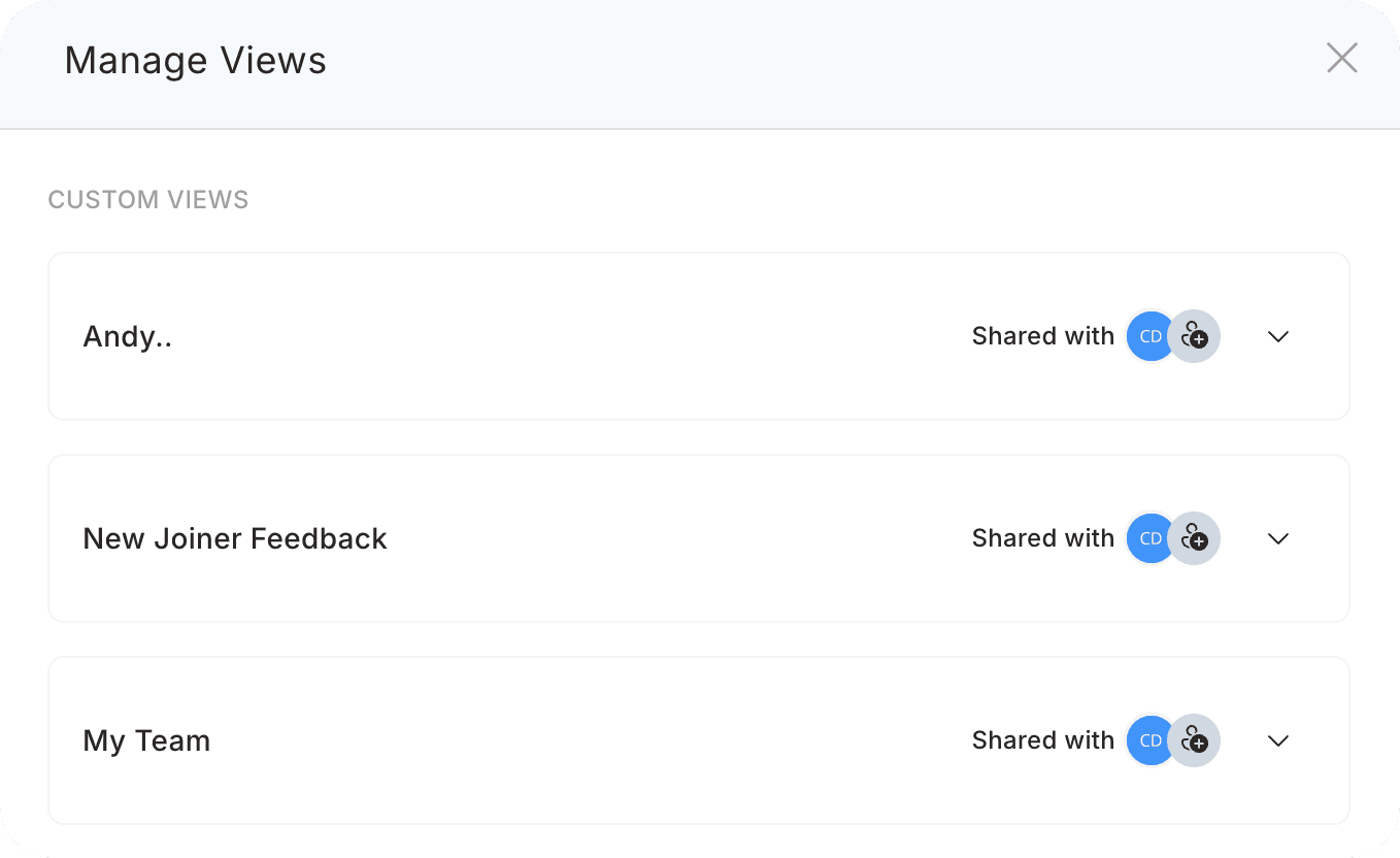 Manage Views modal showing default and custom survey response views