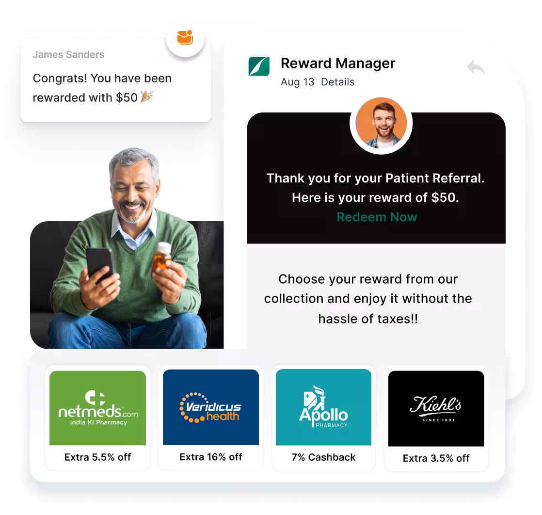 Empuls Reward Manager, patient referral reward with pharmacy partner cashback offers from Netmeds, Veridicus, Apollo, and Kiehl's