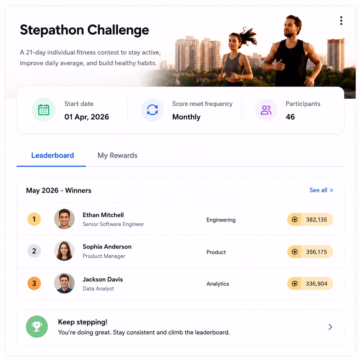 Empuls Stepathon Challenge, 21-day fitness contest with leaderboard ranking participants by step count and a streak nudge at the bottom