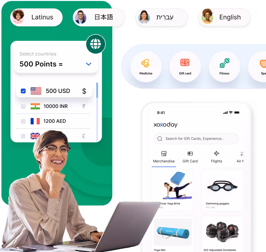 Empuls global partner network, multilingual UI with multi-currency point conversion and the xoxoday catalog across 150+ countries