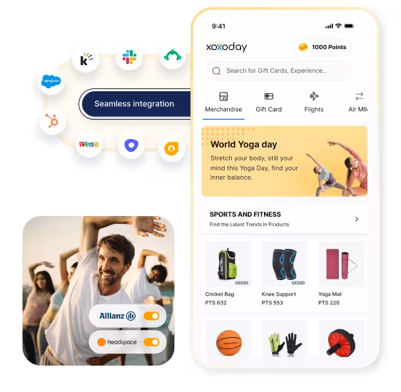 Empuls wellness ecosystem, Slack, Teams, HubSpot, Allianz, and headspace integrations alongside a sports and fitness rewards catalog