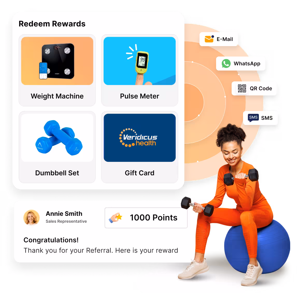 Empuls wellness rewards redemption, weight machine, pulse meter, dumbbell set, and gift card tiles inside the employee app