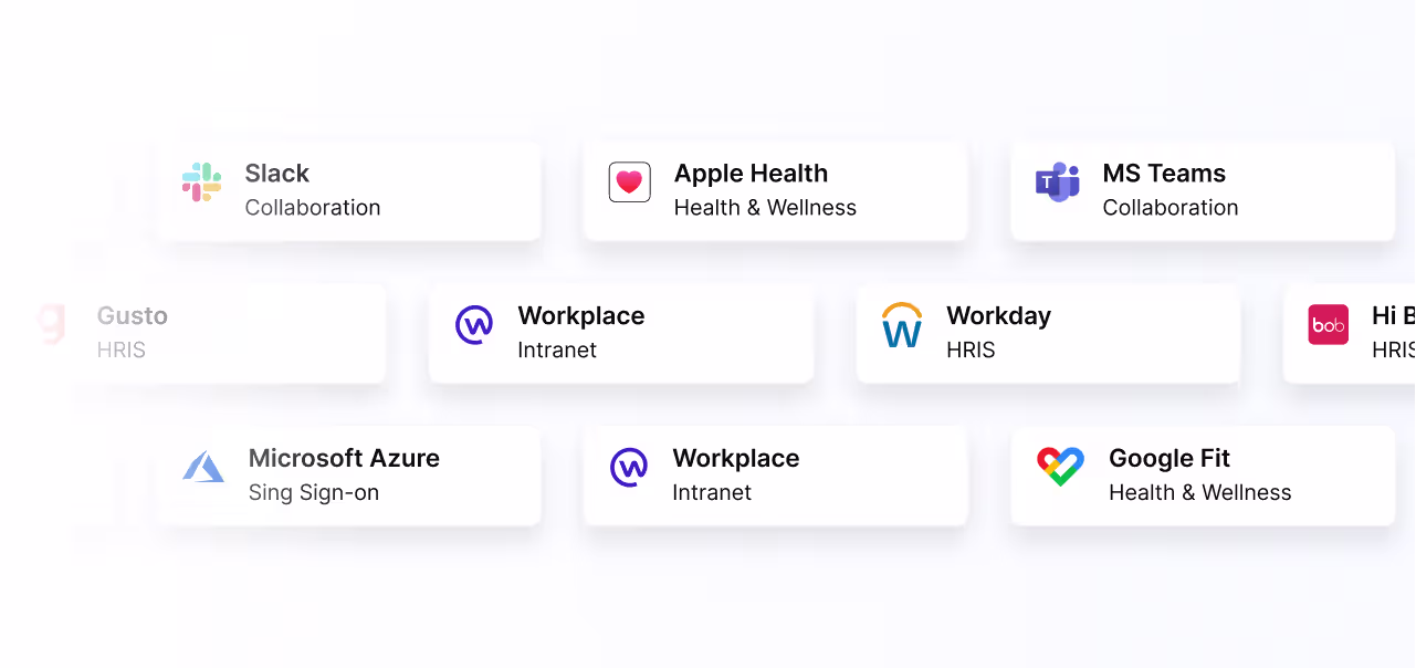 Empuls integration cards for Slack, Microsoft Teams, Workday, Microsoft Azure, Workplace, Apple Health, and Google Fit