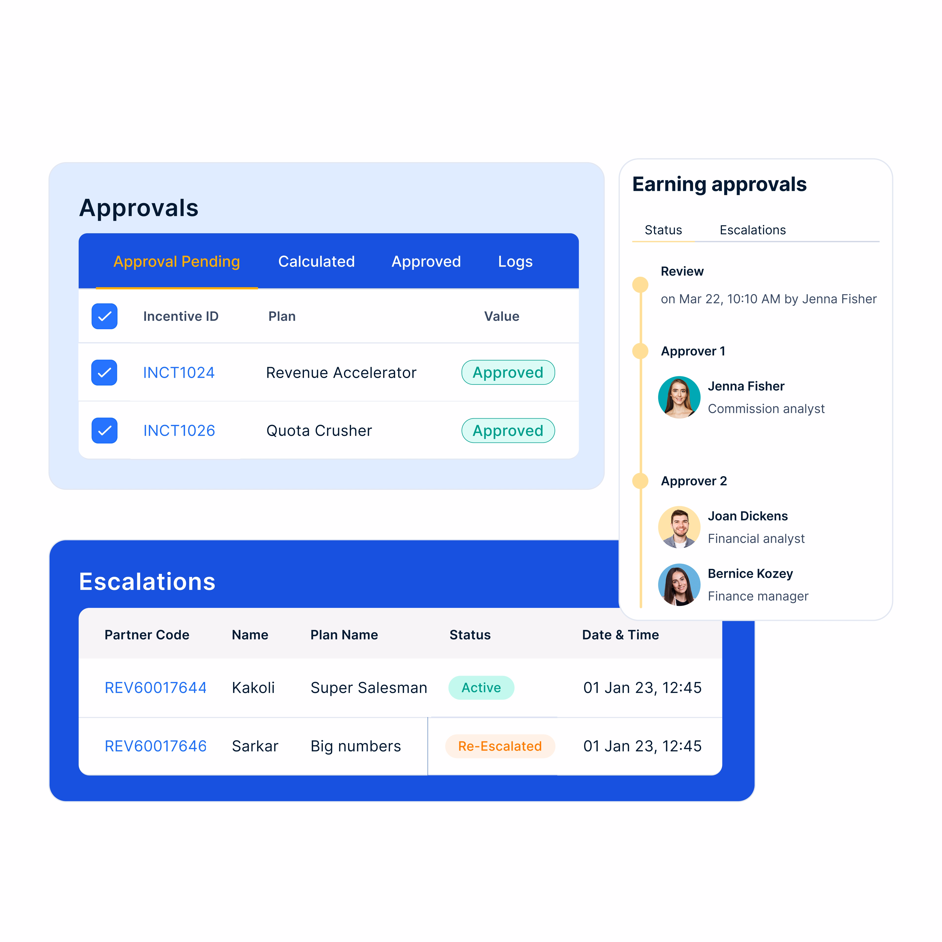 Empuls approvals and escalations panel with earning-approval timeline