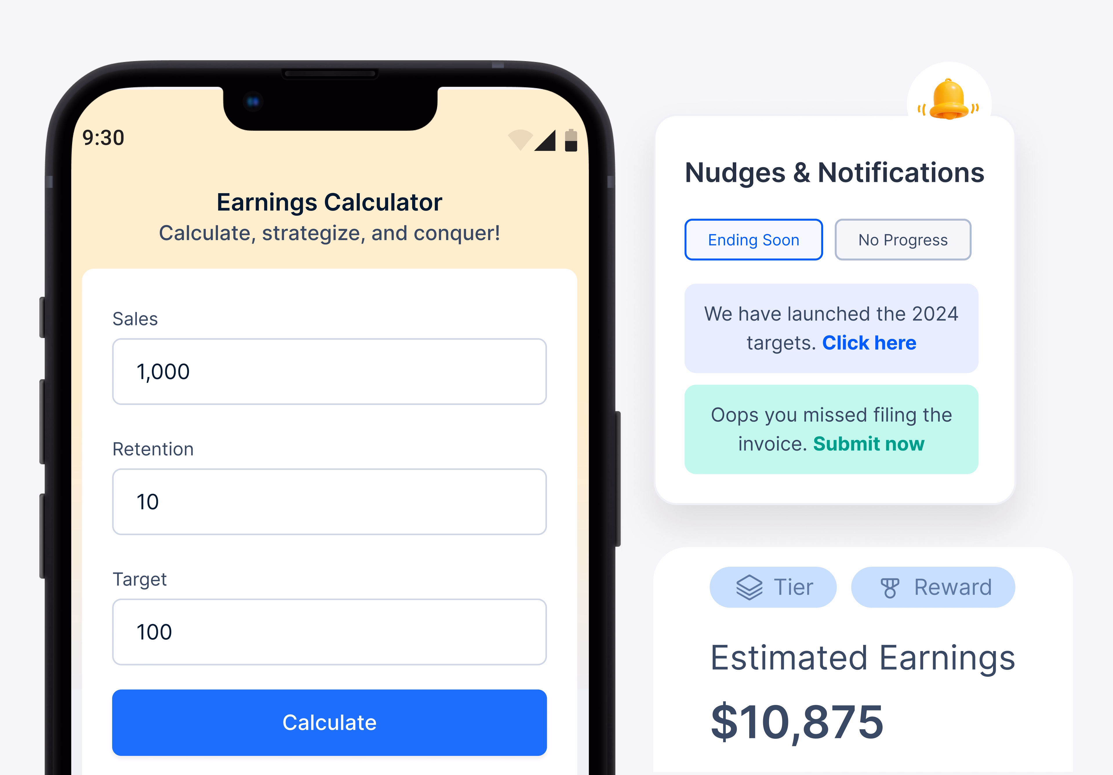 Empuls earnings calculator and nudges panel showing live commission estimates