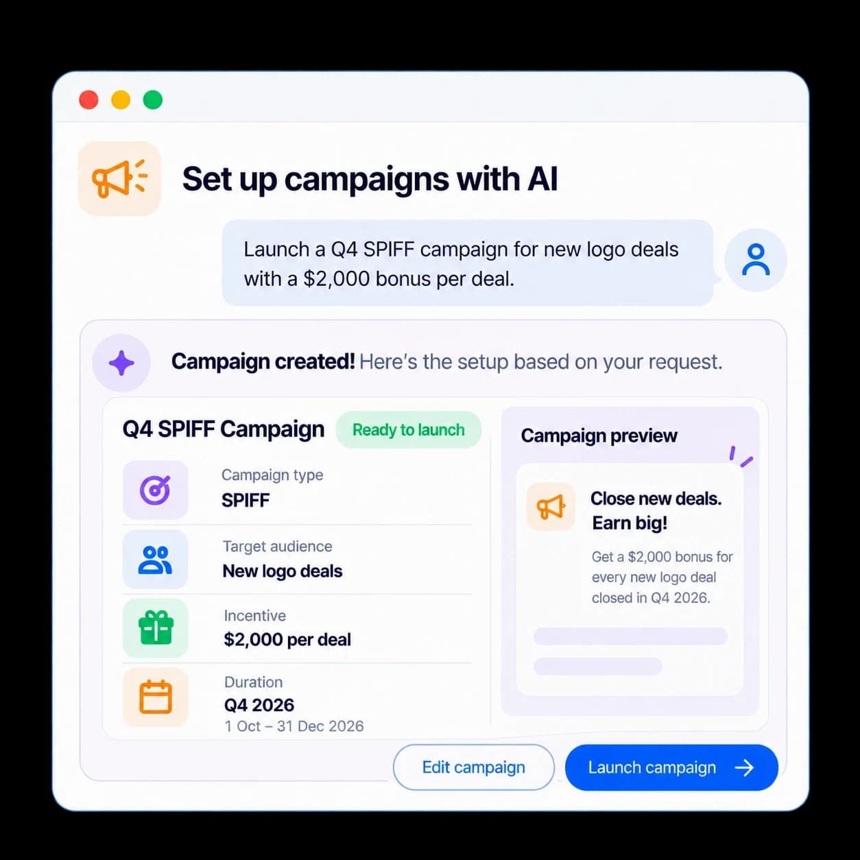 Xoxoday AI setting up a Q4 SPIF campaign for new logo deals from a plain-language request