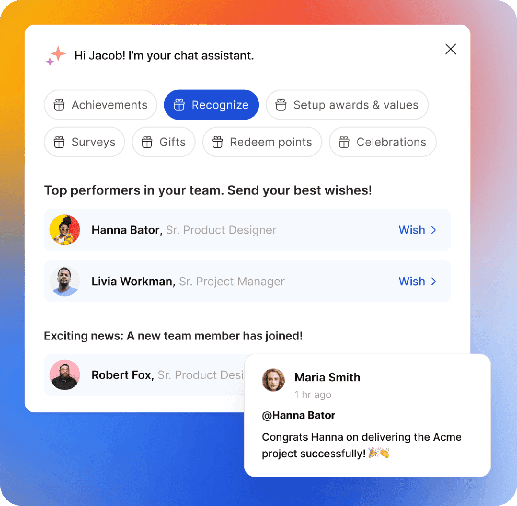 Empuls AI chat assistant suggesting top performers Hanna Bator and Livia Workman with quick-action tabs for Achievements, Recognize, Surveys, and Gifts, plus an AI-drafted congratulations wish