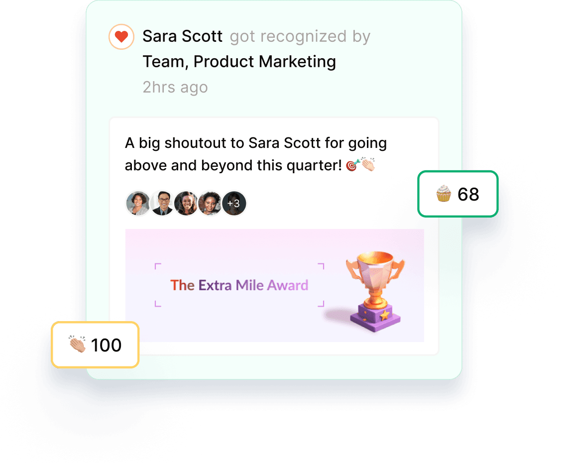 Empuls social feed post, Sara Scott recognised by Team Product Marketing with The Extra Mile Award trophy, peer reactions, and a points chip