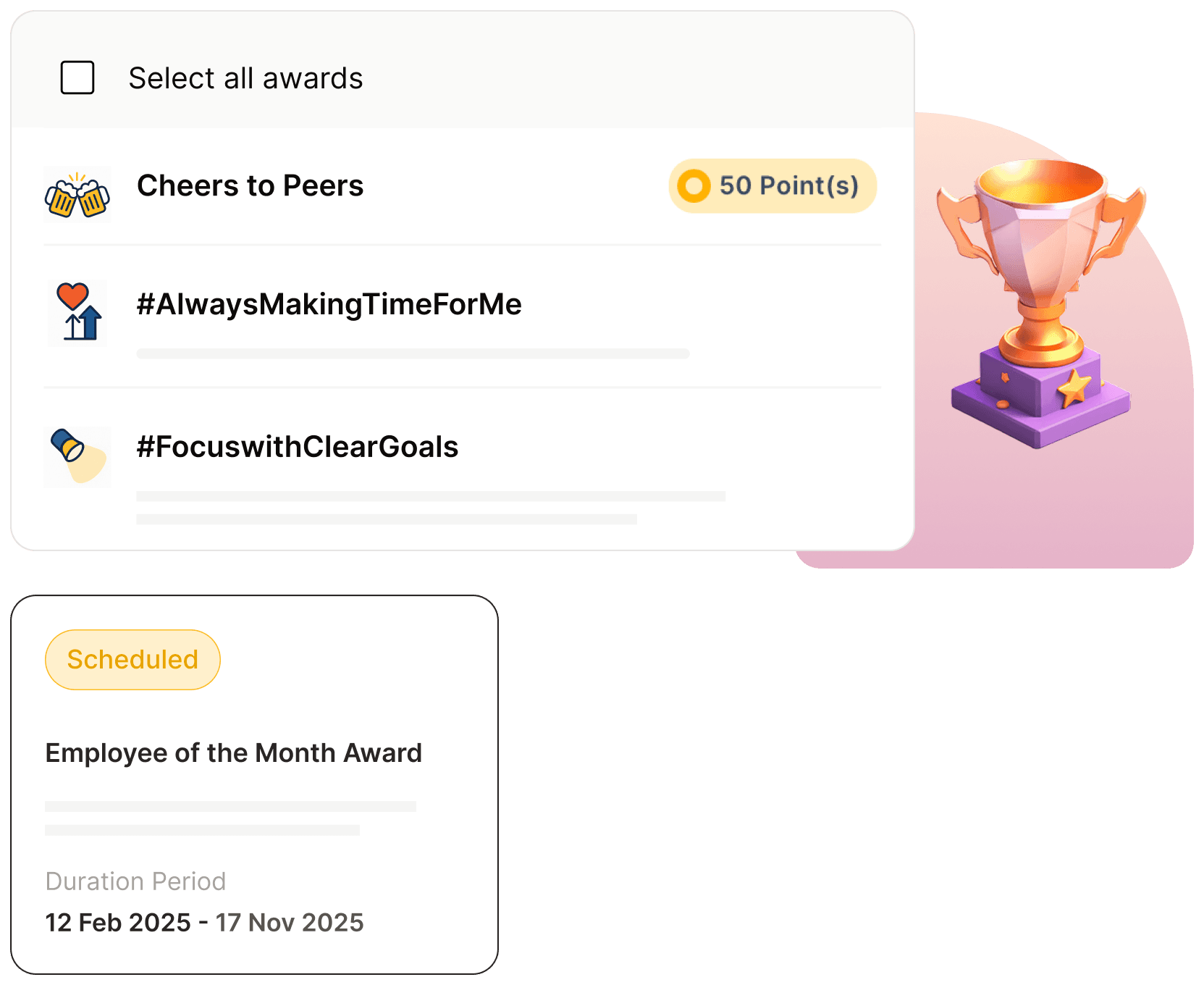 Selecting value-based awards in Xoxoday, with hashtag award names and a scheduled Employee of the Month award