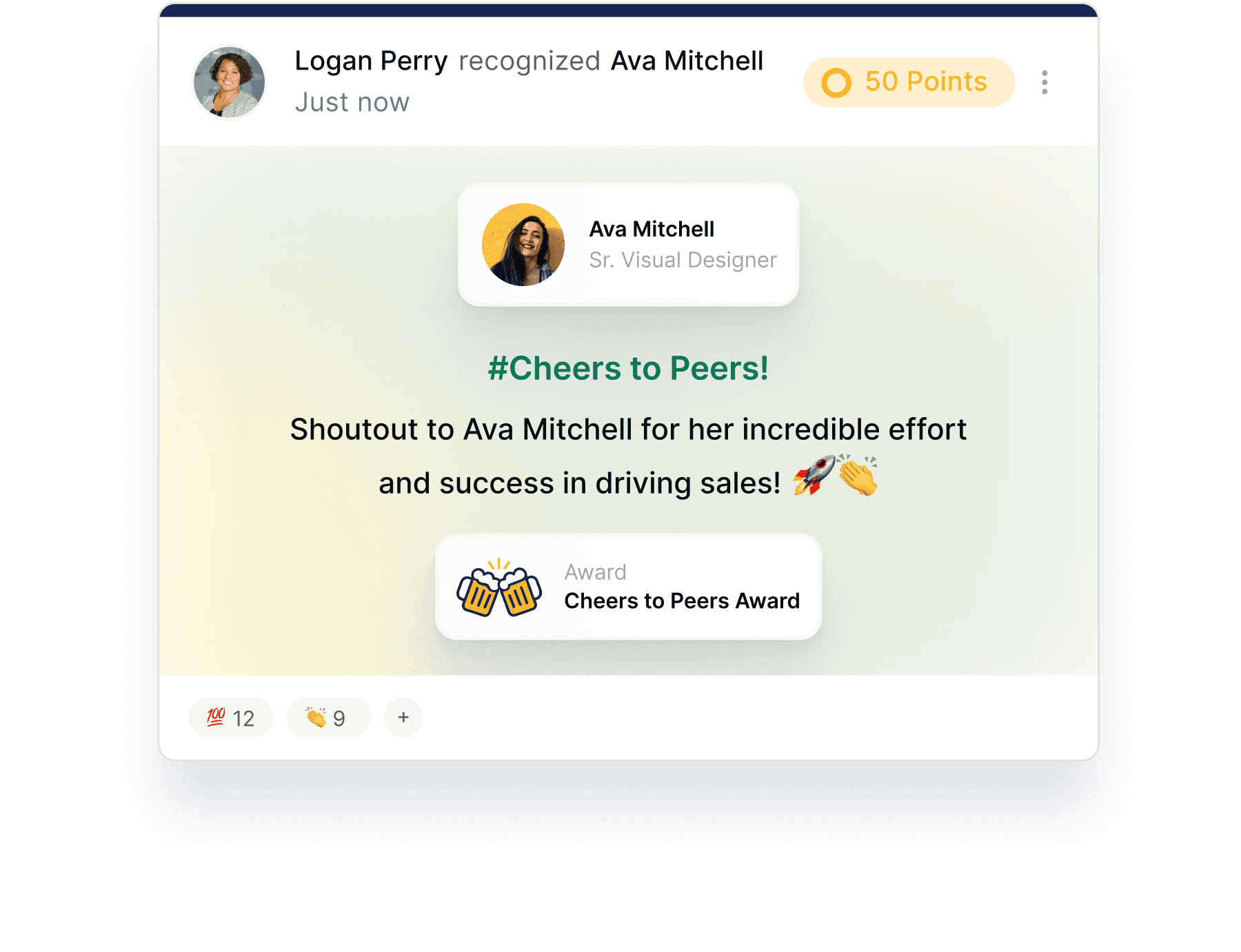 A Cheers to Peers recognition post in the Xoxoday feed with points and reactions