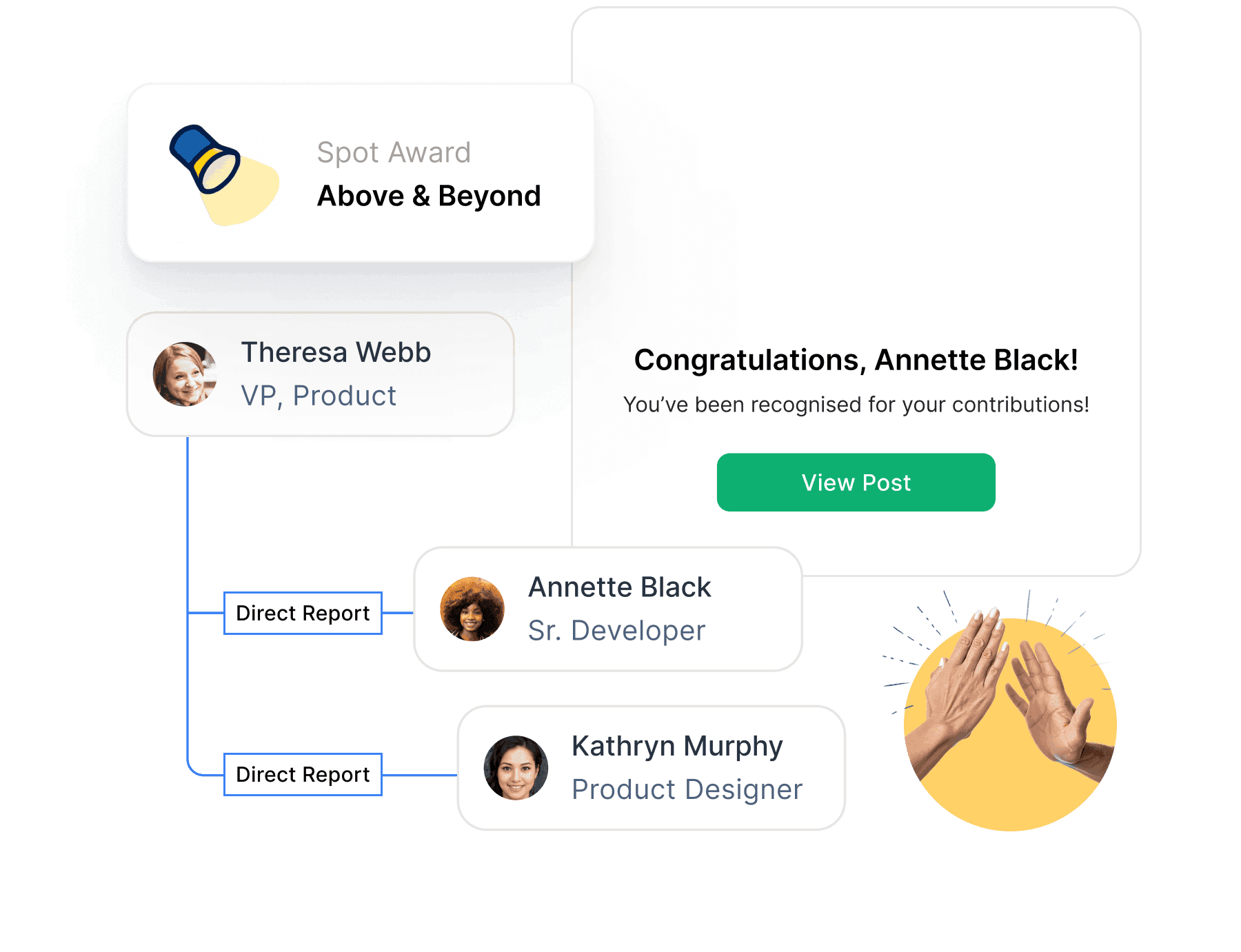 A Spot Award being given down the org chart in Xoxoday, with a congratulations notification