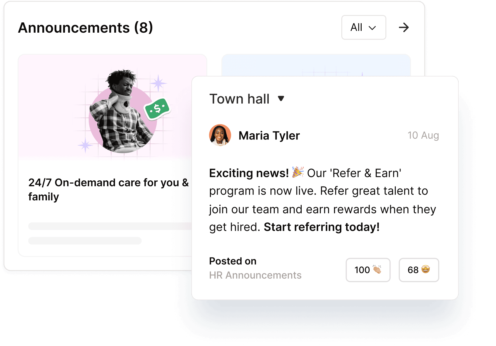 Townhall feed with company announcements and policy updates