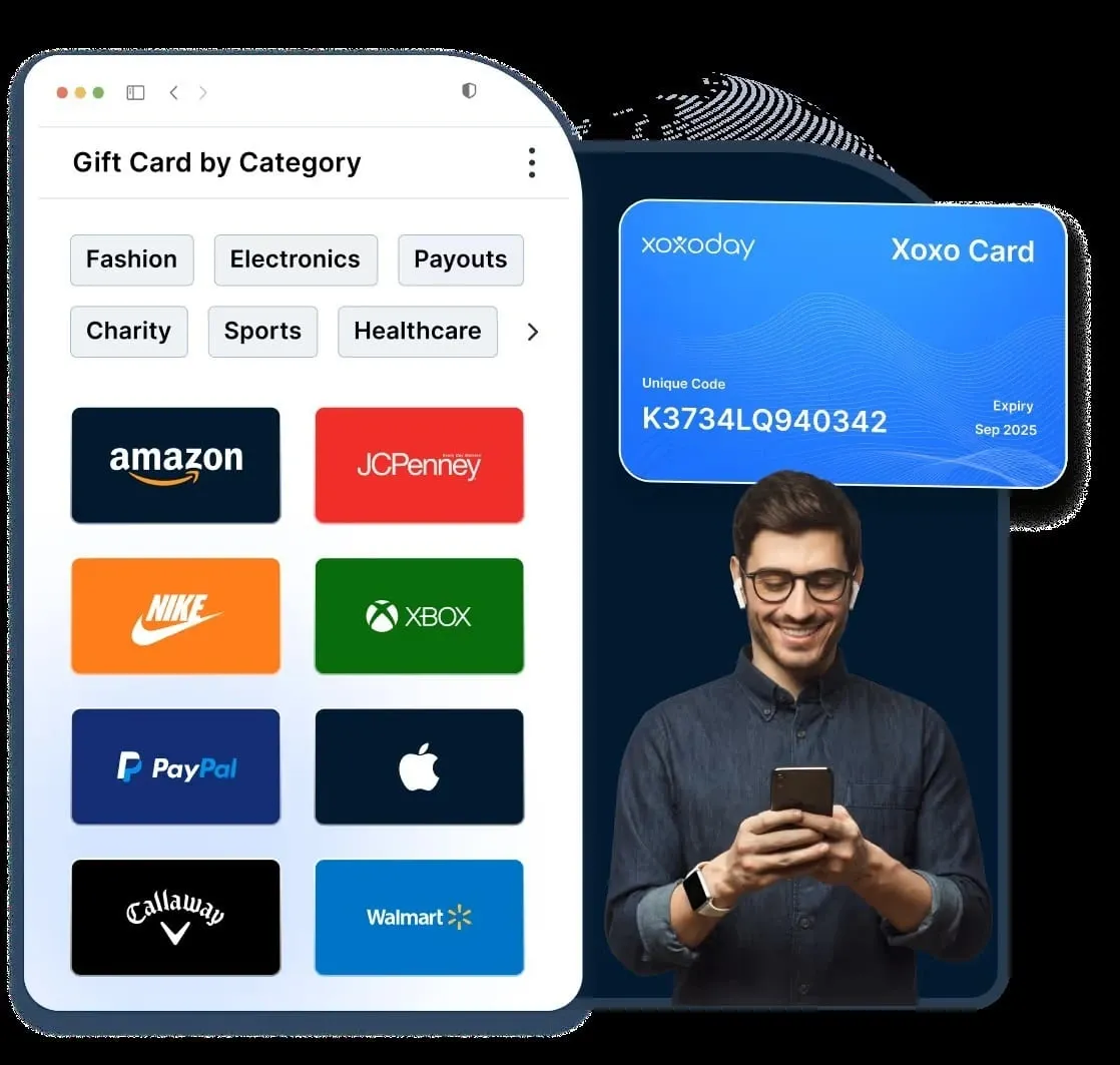 Gift cards organized by category in a rewards catalog, with a digital gift card code