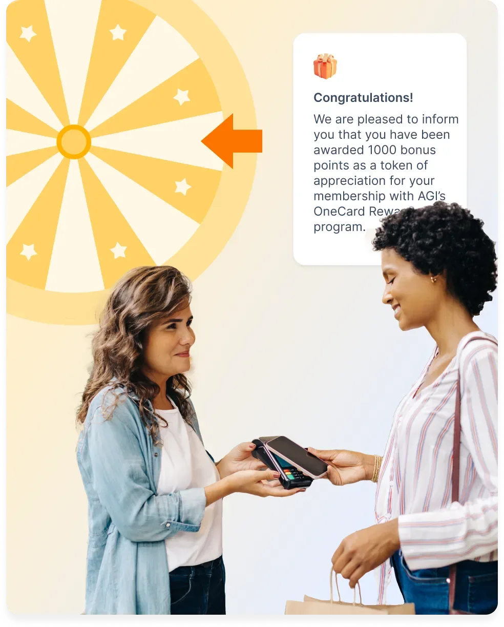 Customer paying by card at checkout with a gamified bonus points reward from a cashback loyalty program