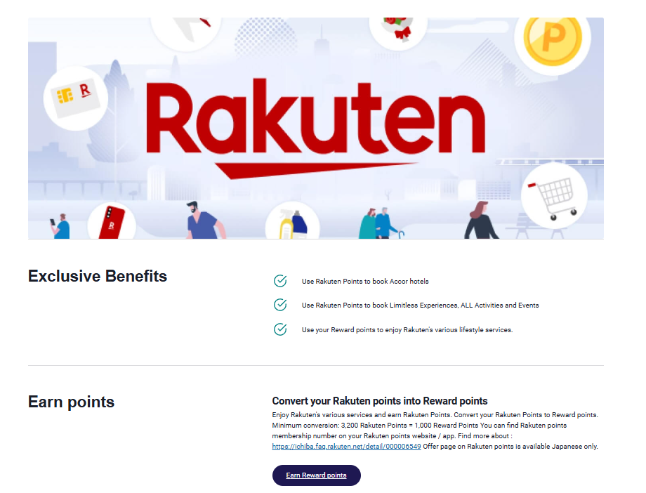 ALL Accor Live Limitless page showing how to convert Rakuten Points into Reward points