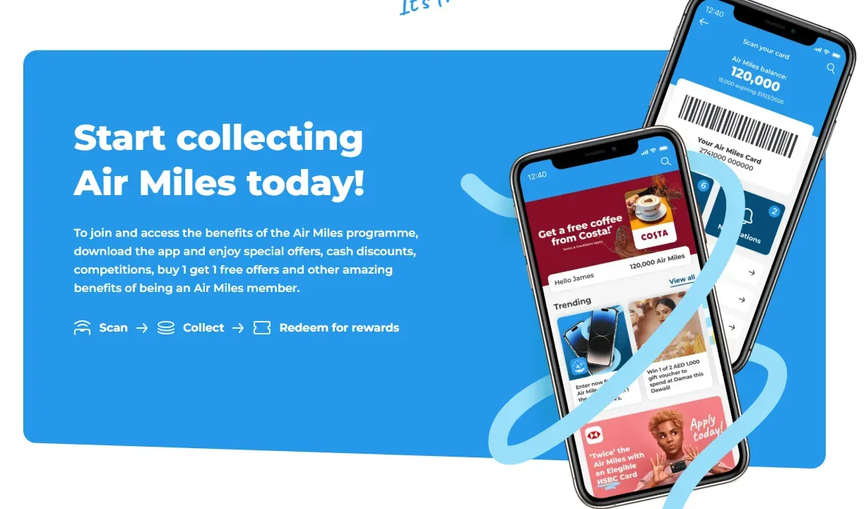 Air Miles Middle East app showing member balance, offers and scan-collect-redeem steps