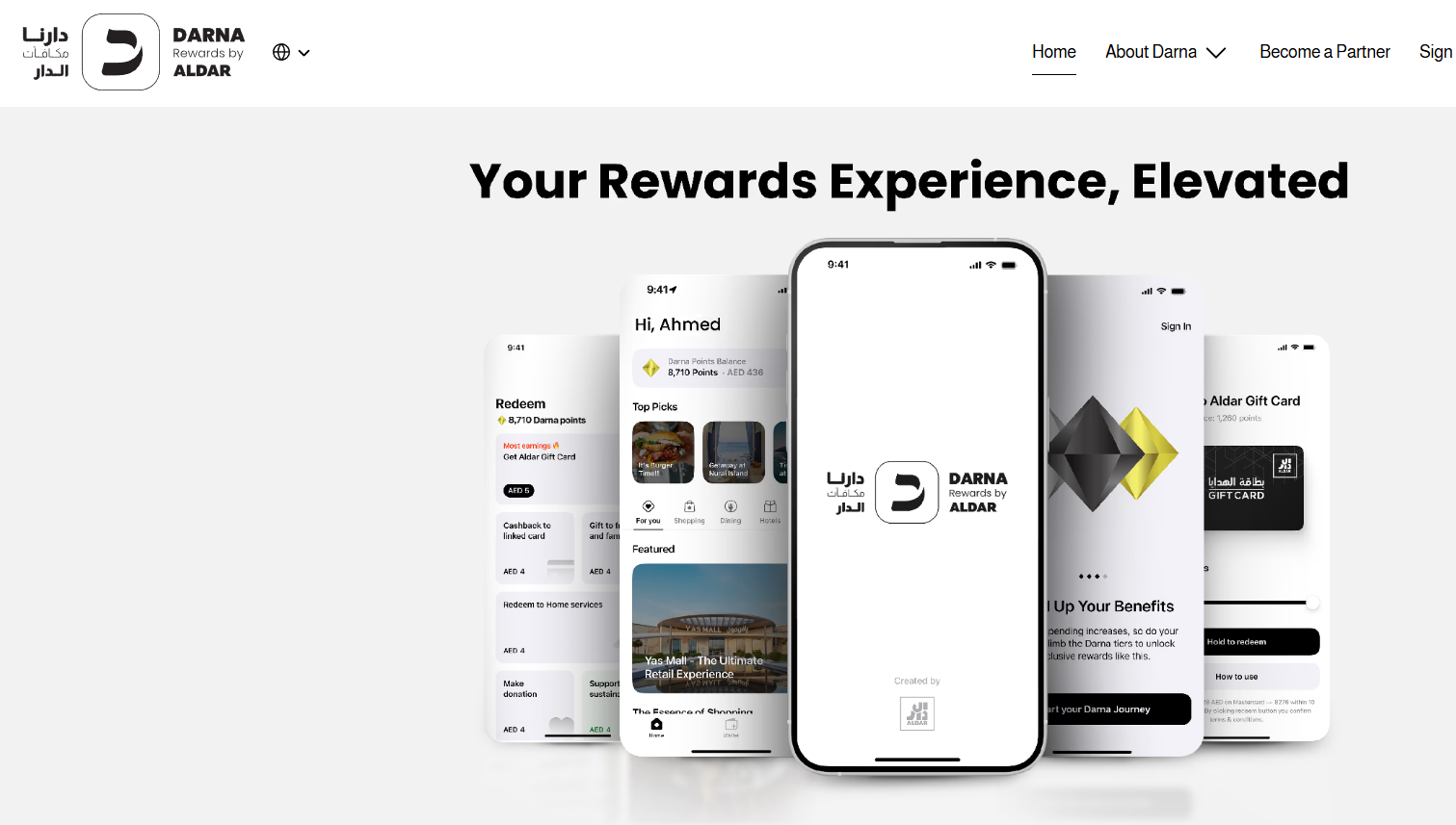 Darna Rewards by Aldar app screens for earning and redeeming points