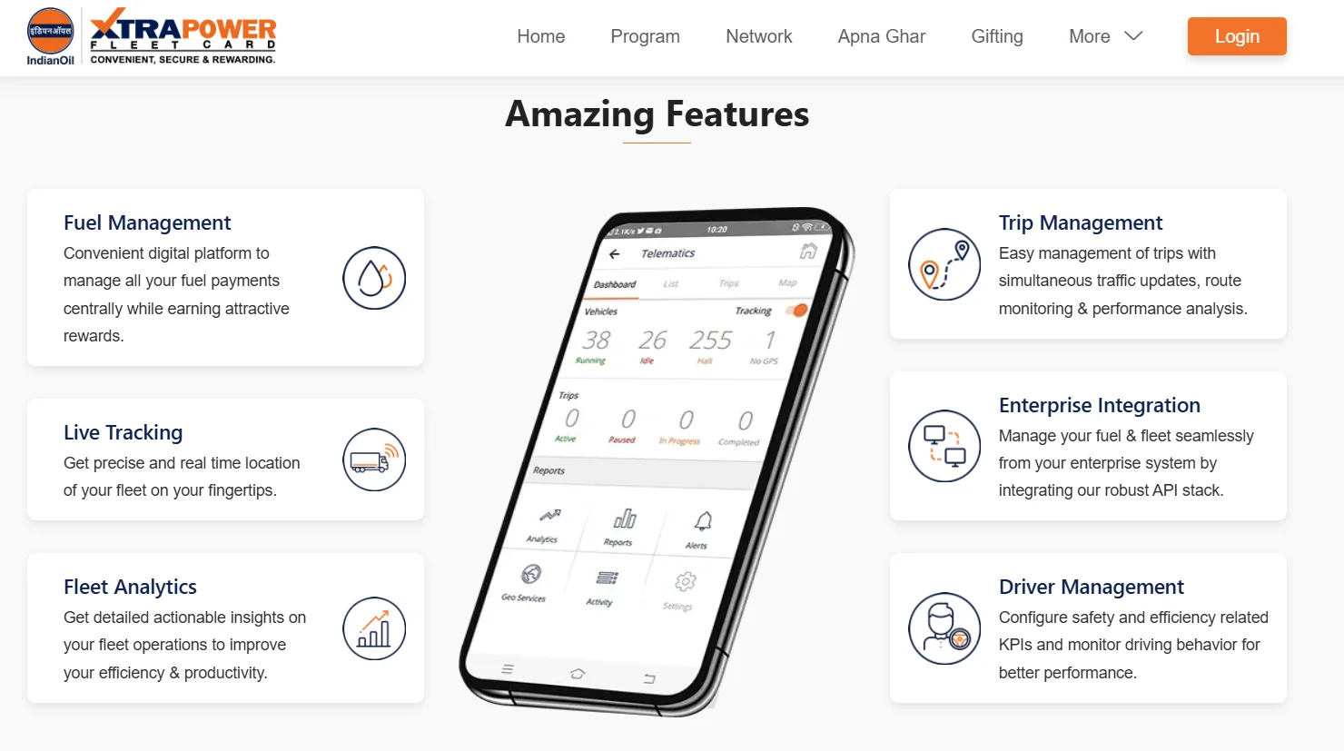IndianOil XTRAPOWER fleet card app showing fuel management, trip management and fleet analytics features