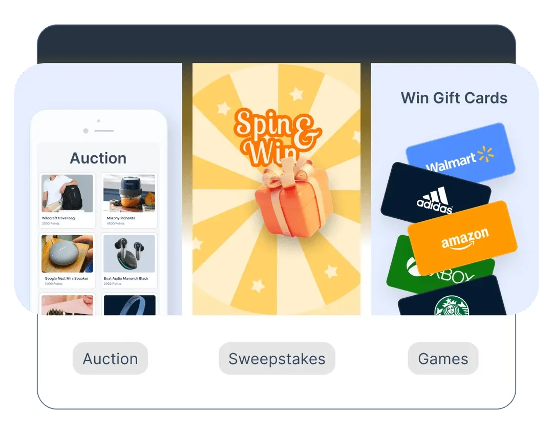Gamified loyalty program screens showing a points auction, spin-and-win sweepstakes and gift card prizes