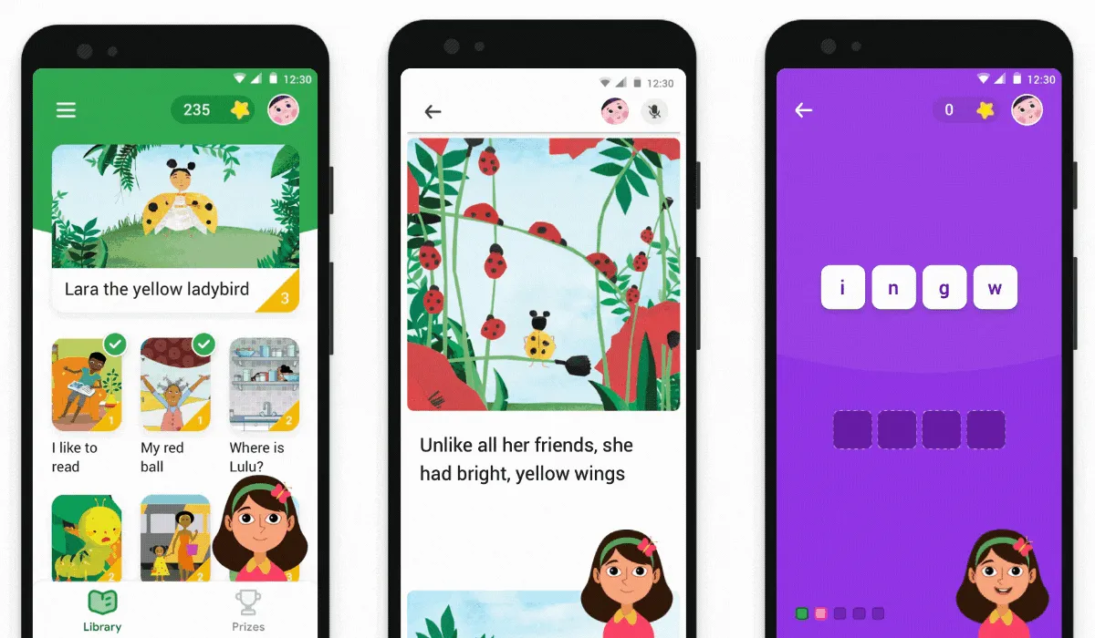 Google Read Along app screens showing a story library with stars, an illustrated story and a word game