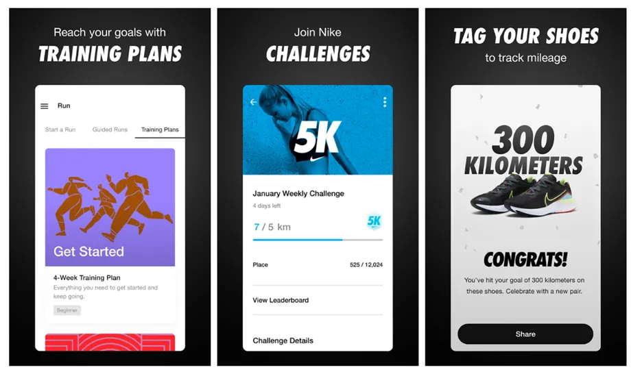 Nike Run Club app screens showing training plans, a 5K challenge with a leaderboard and a shoe mileage goal