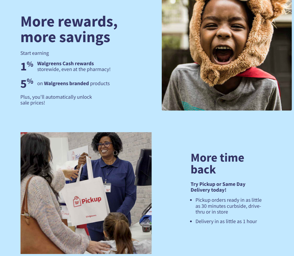 myWalgreens program page showing 1% Walgreens Cash storewide and 5% on Walgreens branded products