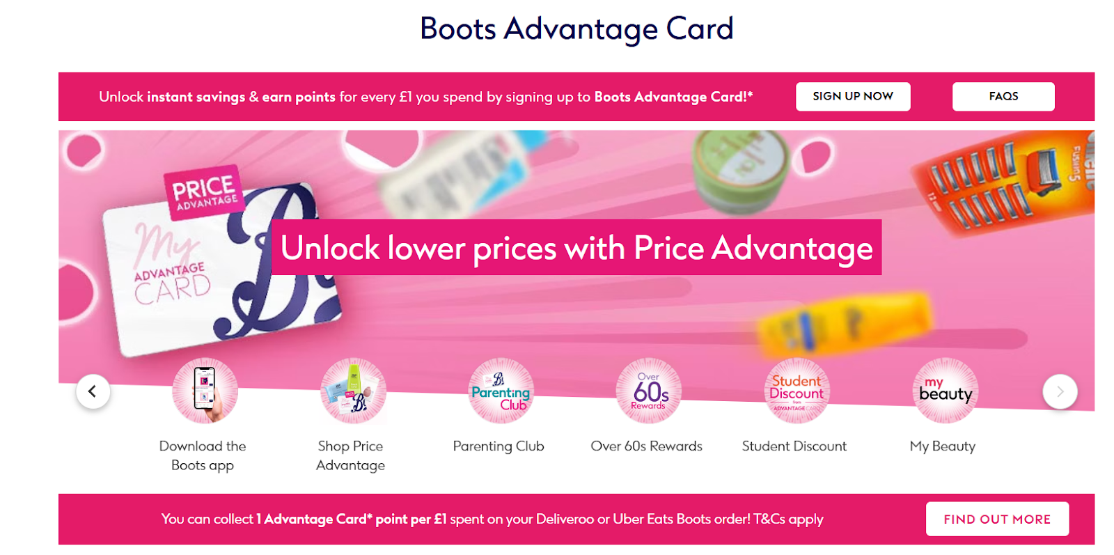 Boots Advantage Card page promoting Price Advantage savings and member clubs