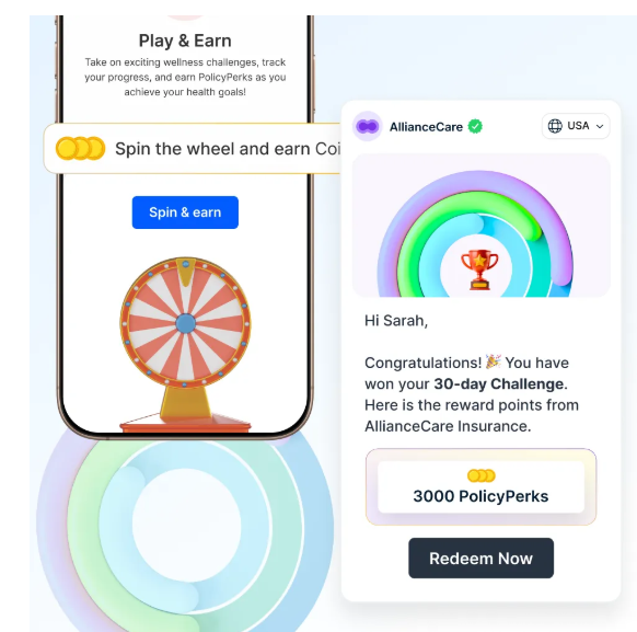 Gamified wellness challenge with spin-the-wheel and reward points for completing a 30-day challenge