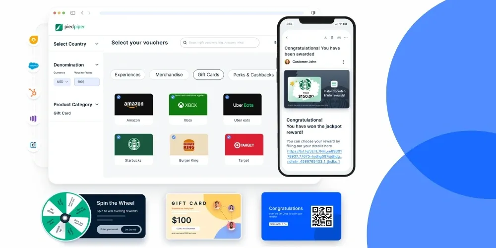 Reward campaign builder with a gift card catalog and a mobile reward notification