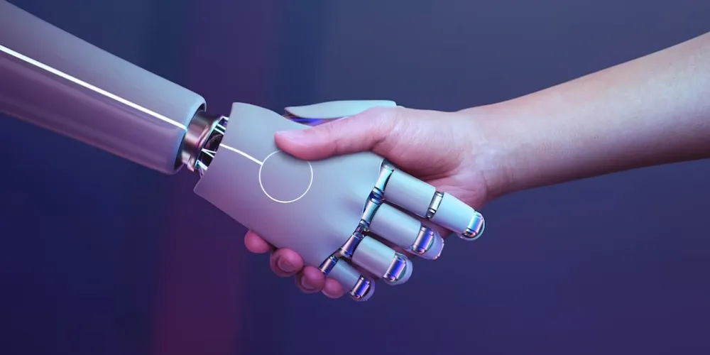 Robotic hand shaking a human hand, representing AI in rewards