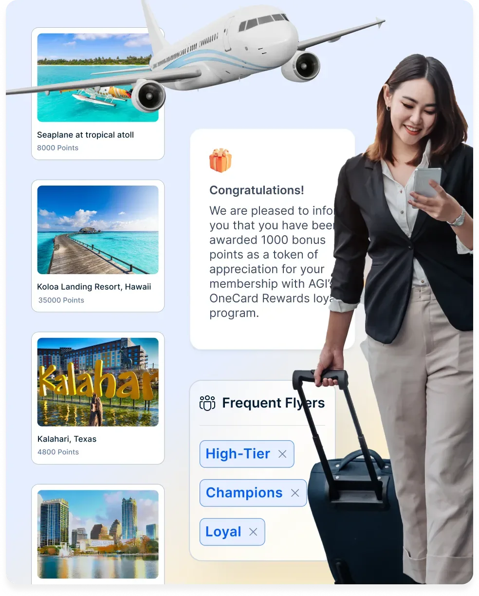 Travel loyalty program app showing destination rewards, bonus points and frequent flyer segments
